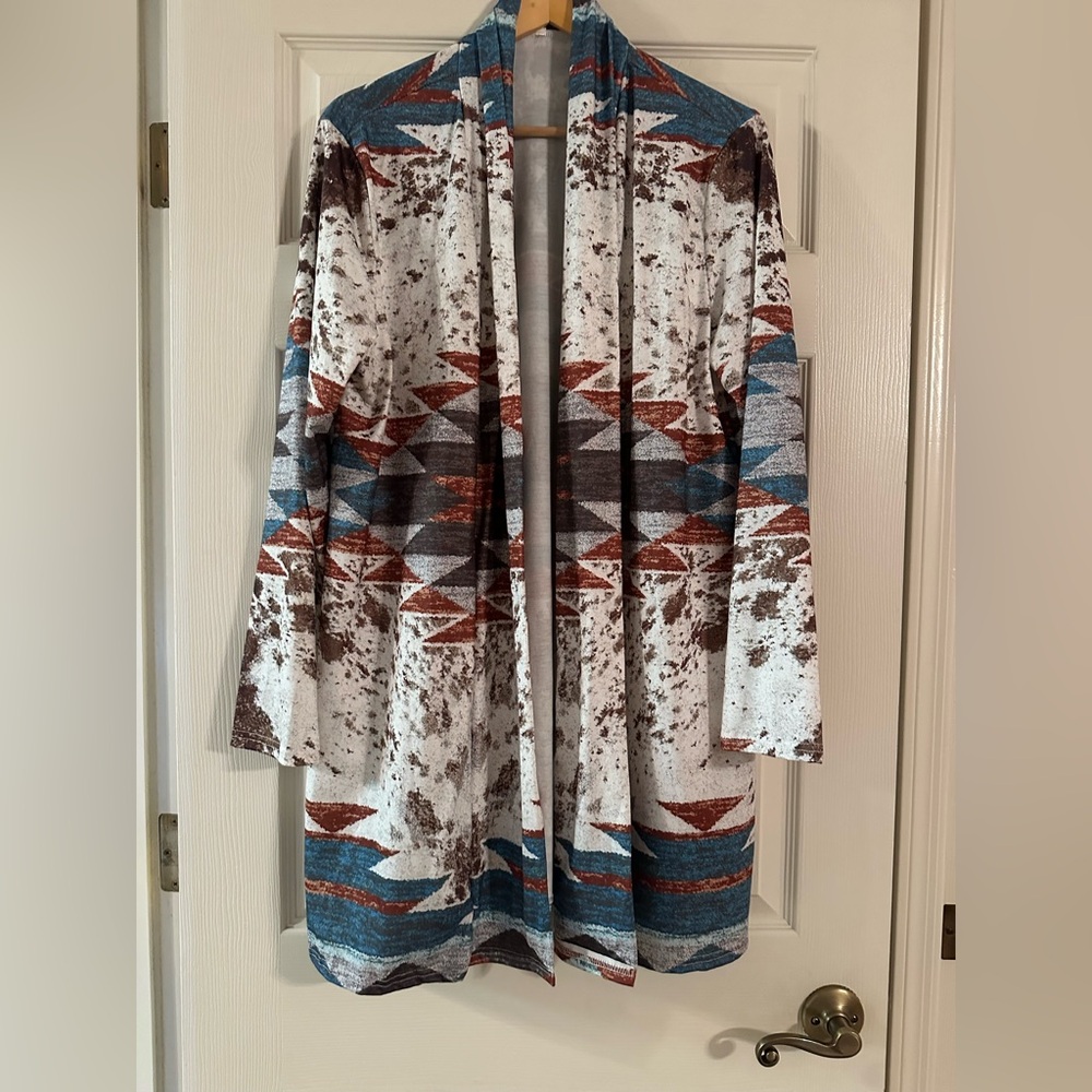Women’s Southwest Style, Cowhide Inspired Long Sleeve Open Front Cardigan